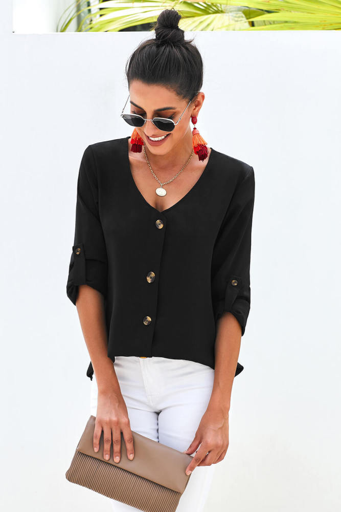 Black Button Down V Neck Sleeve Tie Shirt