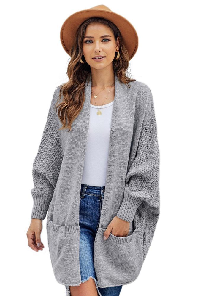 Gray Patch Pockets Batwing Sleeve Cardigan