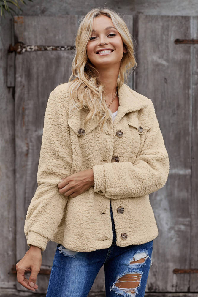 Khaki Sherpa Button Up Long Sleeve Jacket