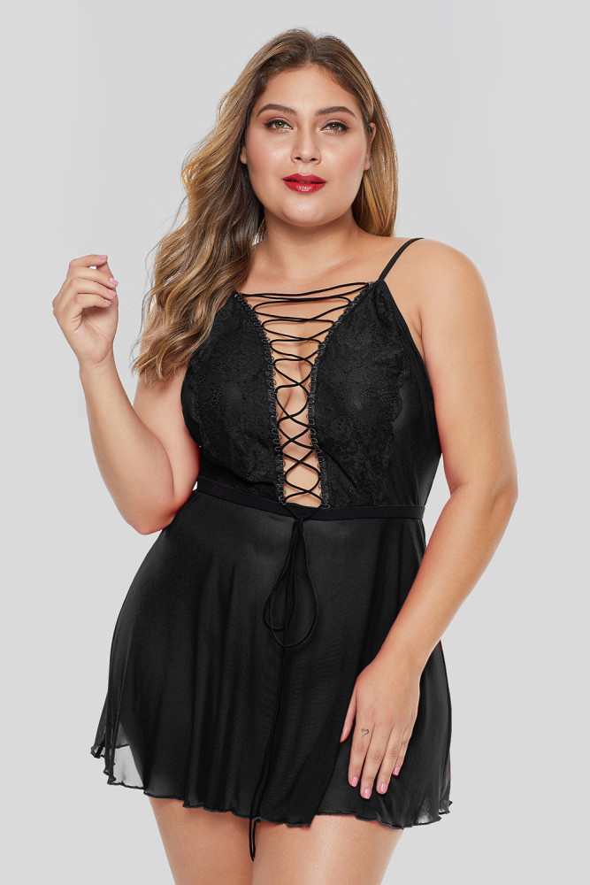 Black Lace-up Plus Size Babydoll