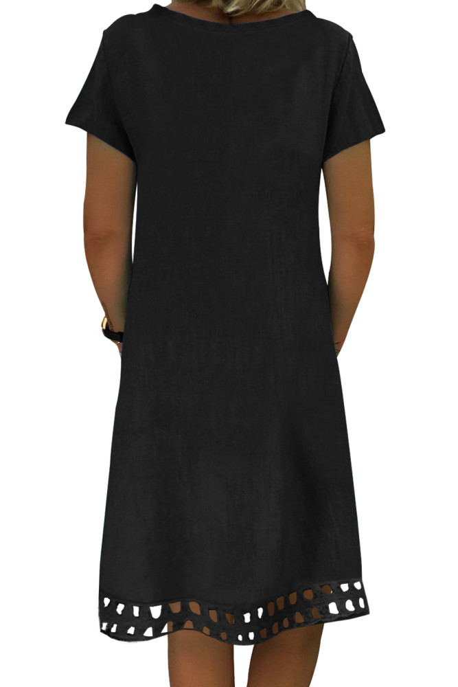 Black Short Sleeve V Neck A-Line Casual Shirt Dress
