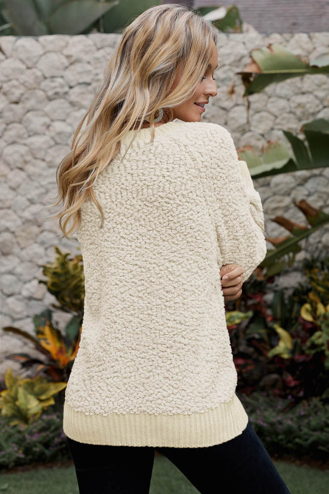 Apricot Ribbed V Neckline Popcorn Knit Sweater