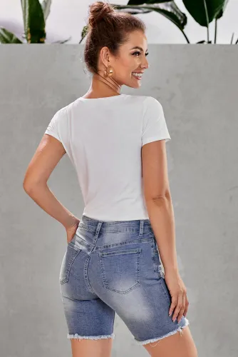 Blue Button Front Distressed Shorts
