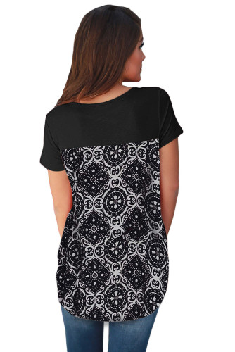 Black Criss Cross Neck Retro Floral Print Back Tee