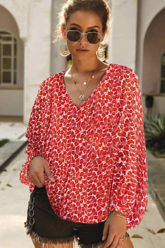 Red Boho Print Balloon Sleeve Blouse