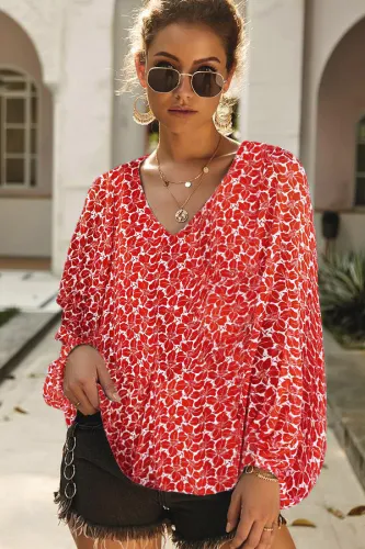 Red Boho Print Balloon Sleeve Blouse