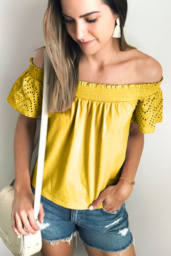 Yellow Solid Shirring Off Shoulder Hollow out Top