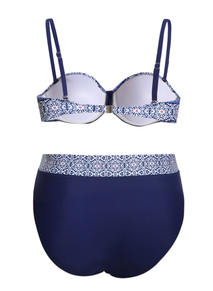 Blue Plus Size Retro Print Bikini Swimsuit