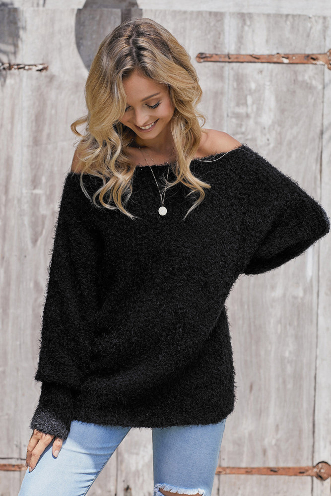 Black Off The Shoulder Popcorn Knit Sweater