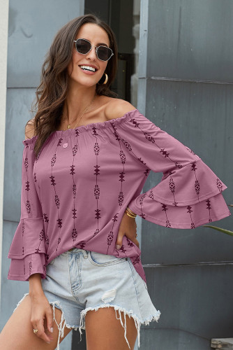 Purple Elasticised Neck Floral Print Blouse