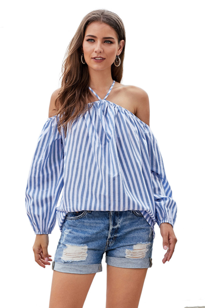 Blue Striped Off Shoulder Halter Blouse