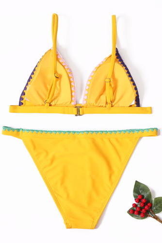 Yellow Padded Embroidered Trim Bikini