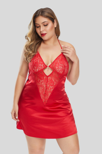 Red Lace Splicing Plus Size Babydoll
