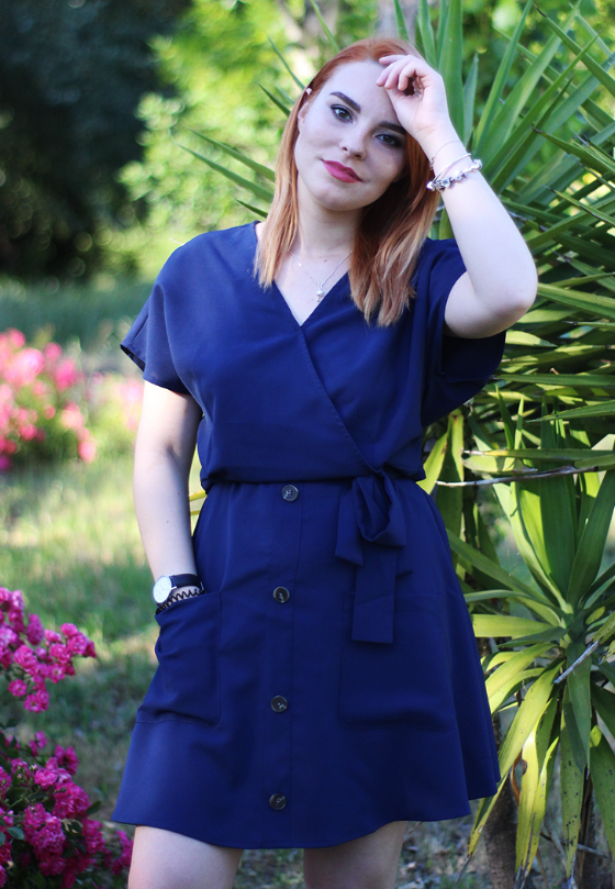 Blue Button Short Sleeve Casual Dress