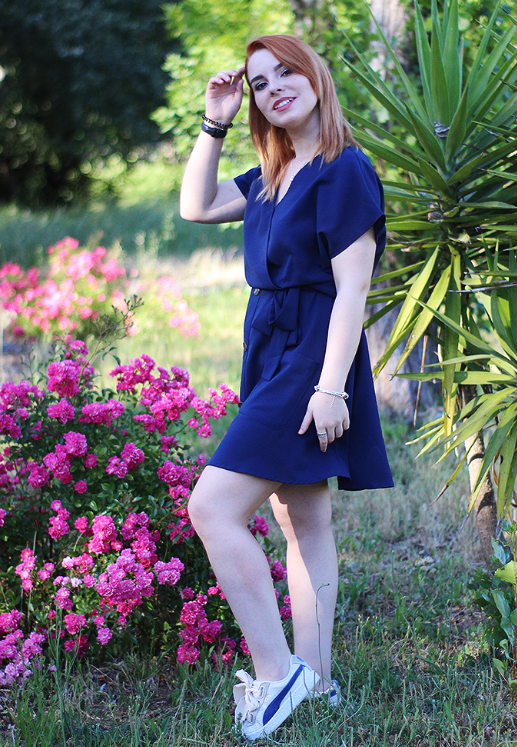 Blue Button Short Sleeve Casual Dress