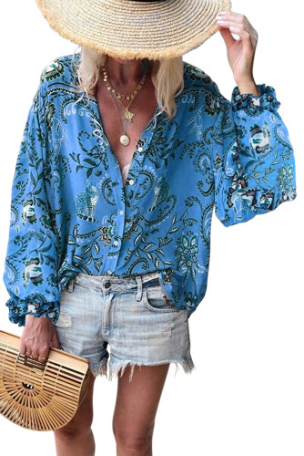 Blue Boho Button Down V Neck Floral Print Shirt