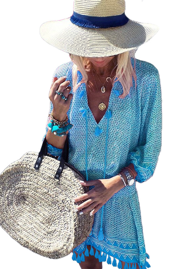 Sky Blue Summer V Neck 3/4 Sleeves Tassel-tie Dress