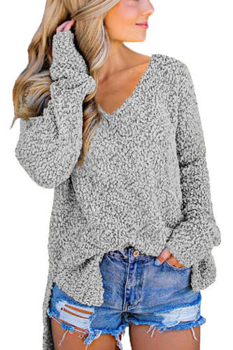 Gray V Neck Popcorn Texture Loose Fit Sweater