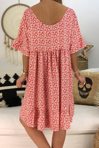 Red Loose Scoop Neck Floral Dress