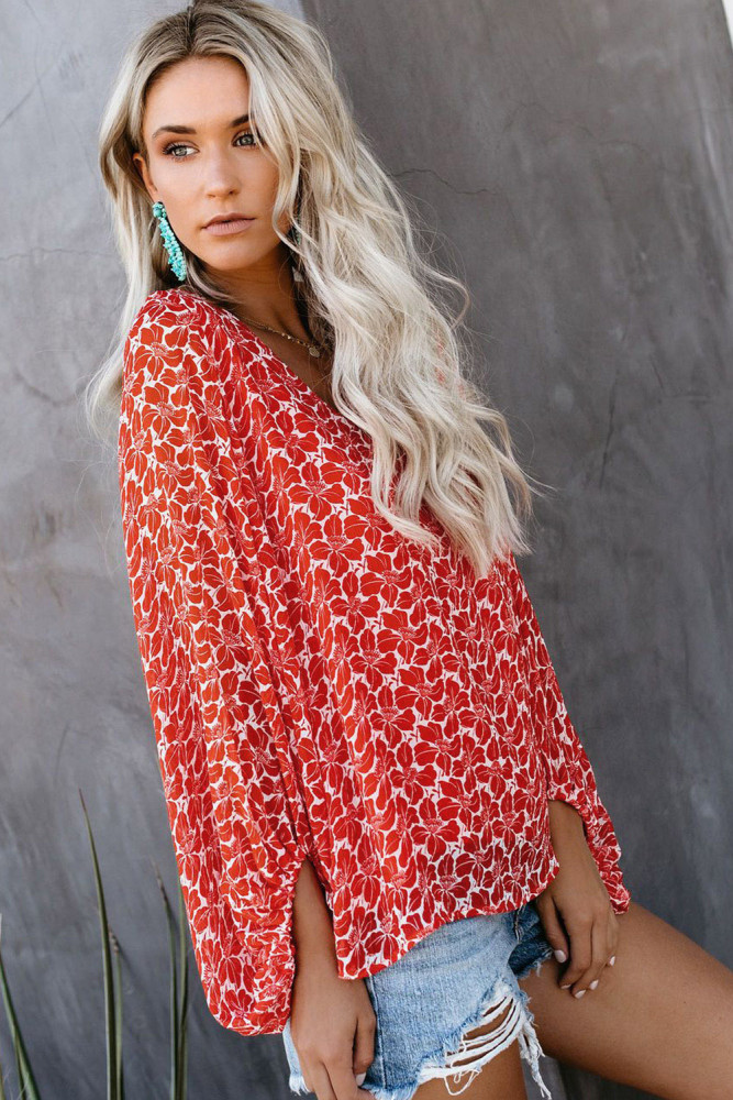 Red Boho Print Balloon Sleeve Blouse