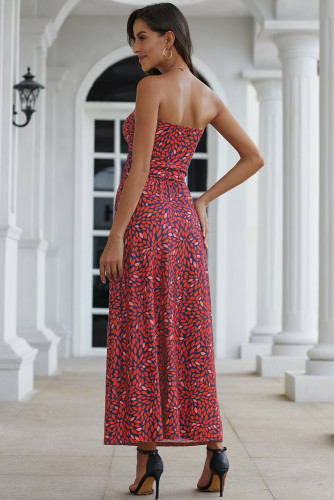 Red Bohemian Bandeau Floral Print Maxi Dress