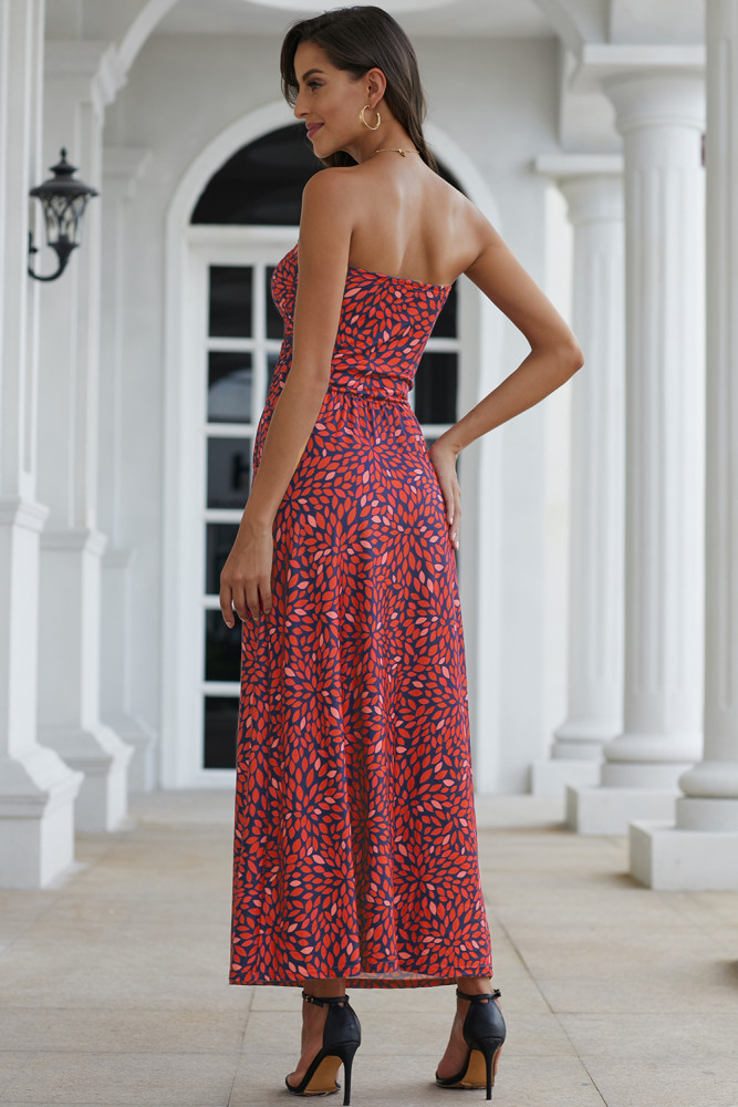 Red Bohemian Bandeau Floral Print Maxi Dress