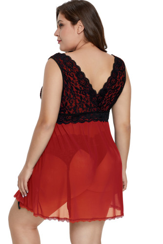 Red Lace Covered Tulle Plus Size Babydoll