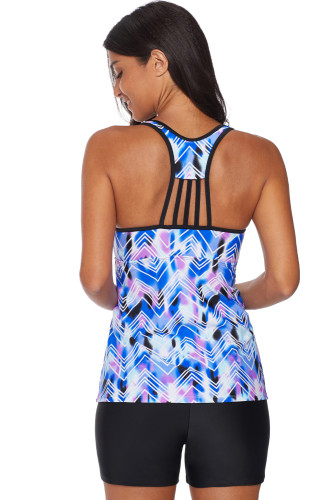 Sky Blue Printed Tankini Top Solid Boyshort Swimsuit
