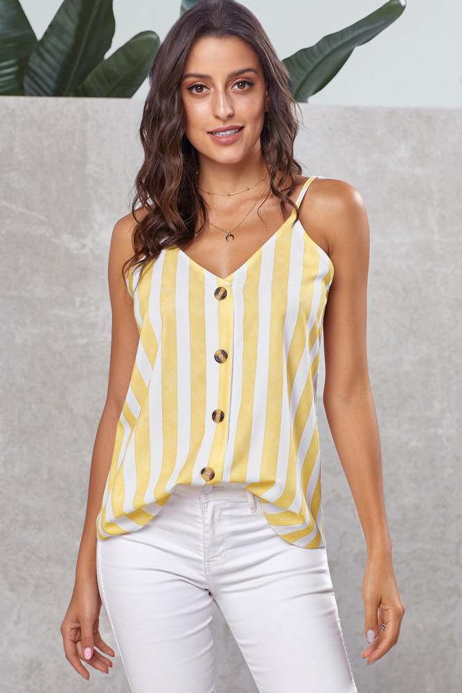 Yellow Button Up V Neck Strappy Shirt Cami Top