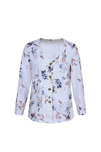 White V Neck Buttoned Floral Print Blouse