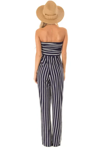 Blue White Striped Sleeveless Jumpsuit