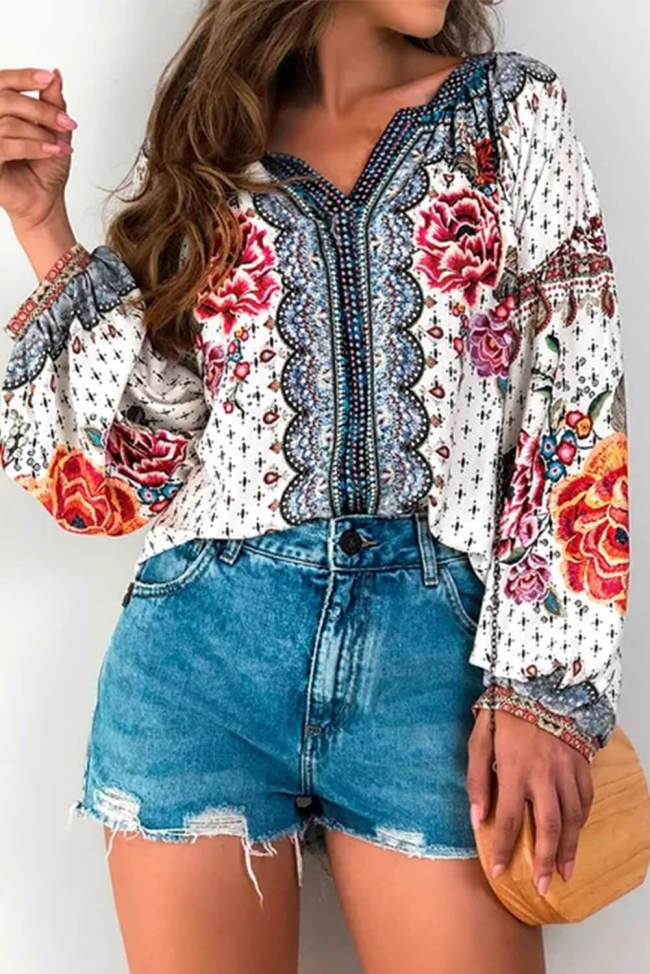 Red Floral Print Long Sleeve Mid-Length Blouse