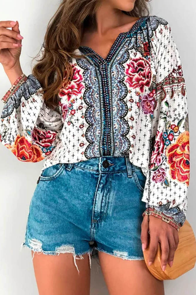 Red Floral Print Long Sleeve Mid-Length Blouse