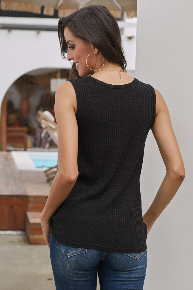 Black Waffle Knit Tie Knot Tank Top