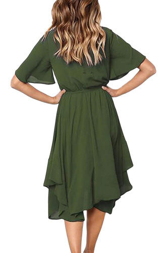 Green Chiffon Irregular Hem Short Sleeve Pleated Dress