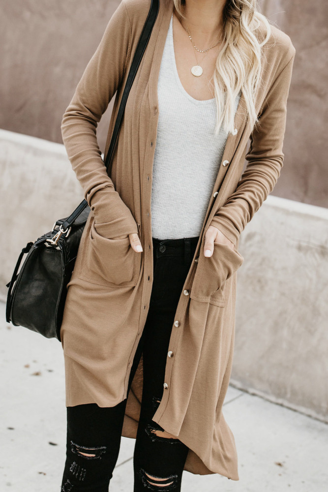 Khaki Selected Button Down Pocketed High Low Cardigan