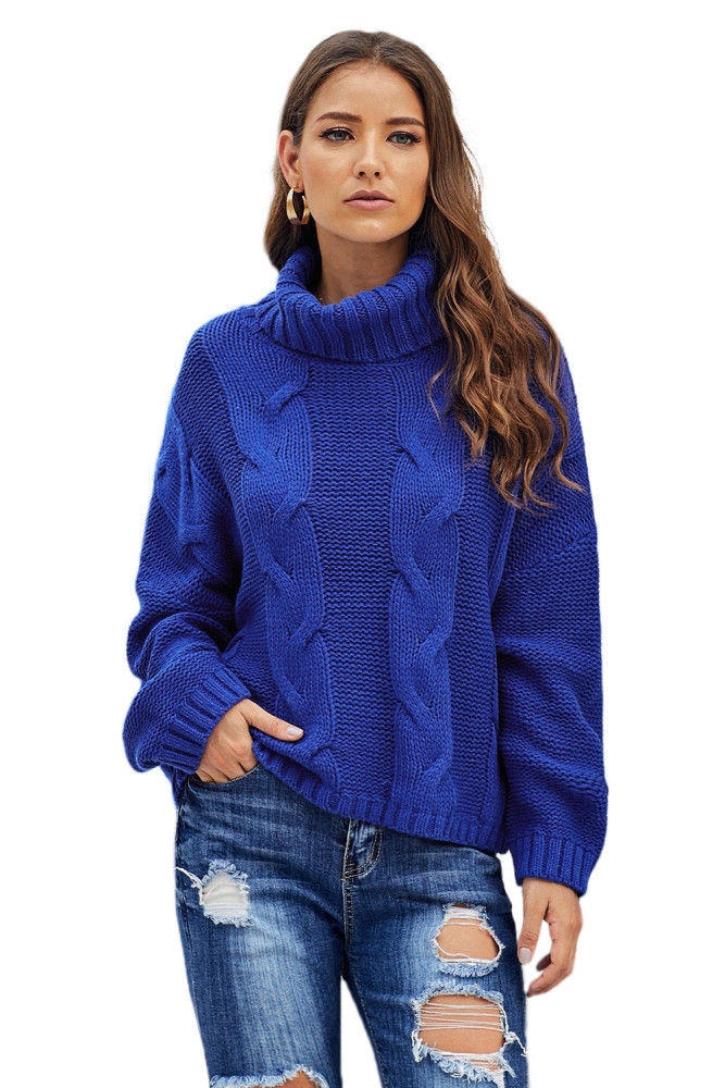 Blue Cuddle Weather Cable Knit Handmade Turtleneck Sweater