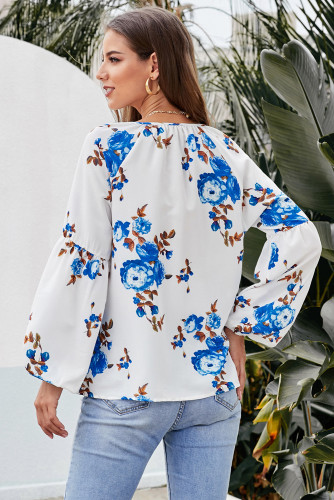 Blue Ballon Sleeve Floral Shirt Top