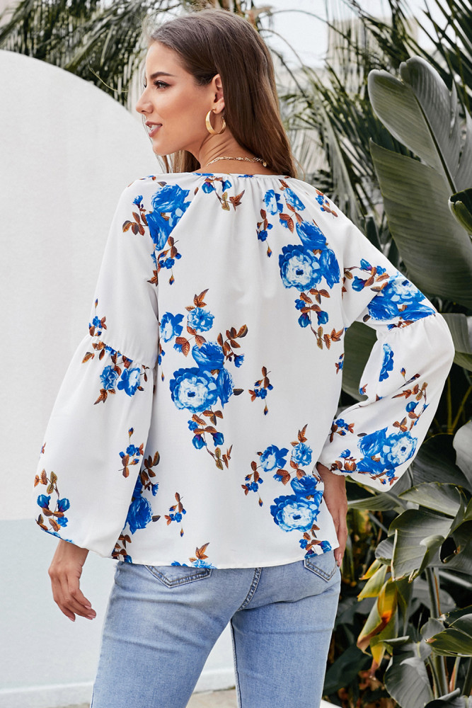 Blue Ballon Sleeve Floral Shirt Top