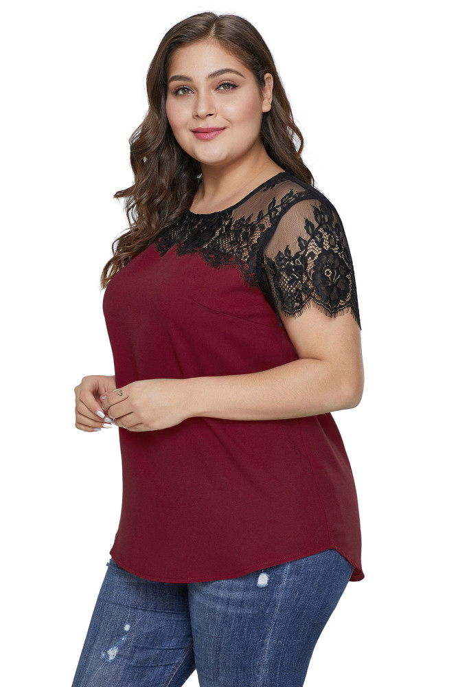 Red Lace Yoke Plus Size Top