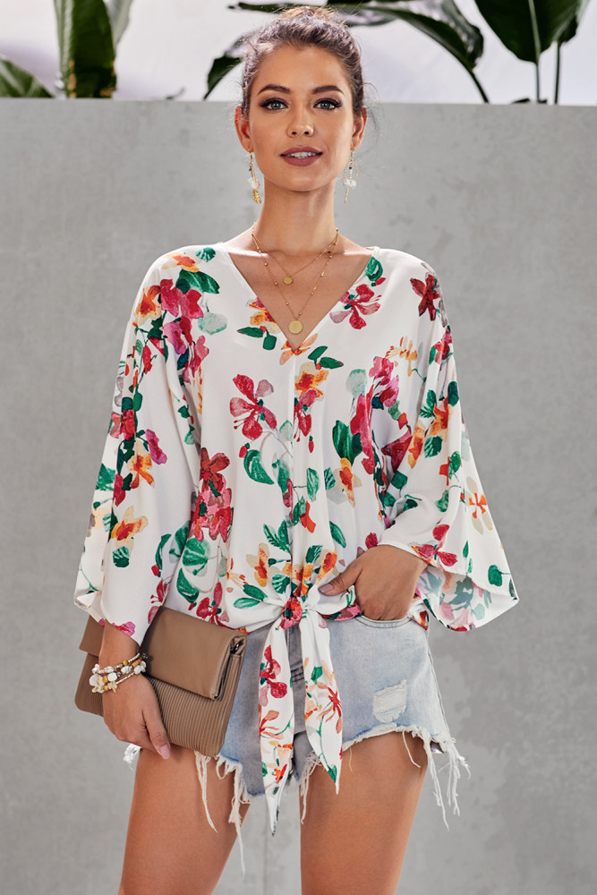 Multicolor Floral Printed Deep V Neck Tie Front Blouse