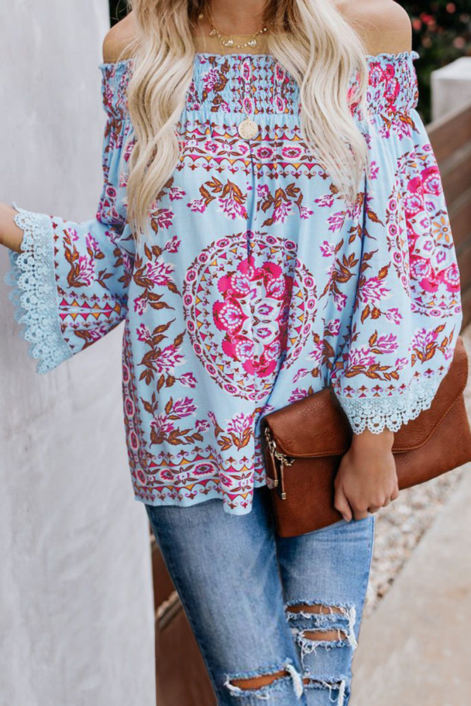 Blue Secret Escape Off The Shoulder Printed Top