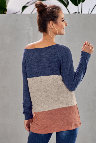 Blue Color Block Crew Neck Blouse