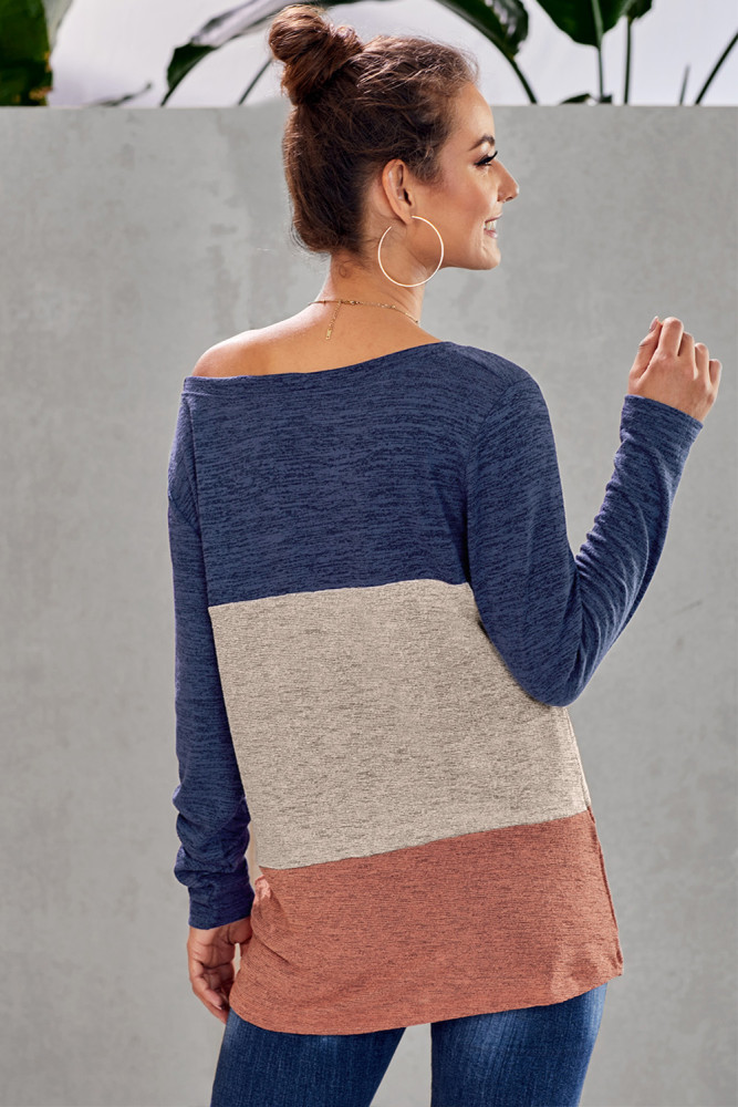 Blue Color Block Crew Neck Blouse