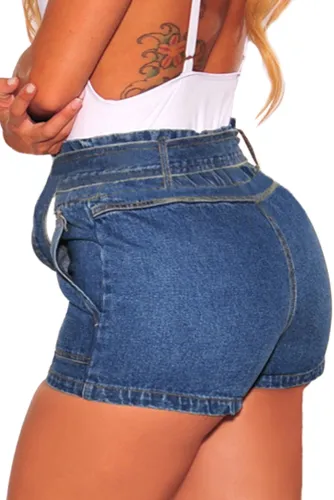 Blue Paper Bag Waist Buttoned Denim Shorts
