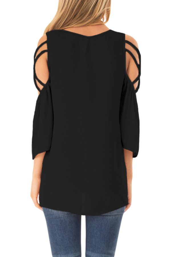 Black Cold Shoulder Blouse with Strap Details