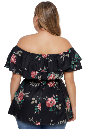 Black Plus Size Floral Tiered Off the Shoulder Top