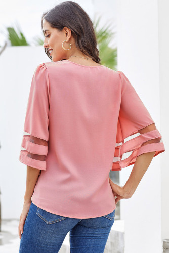 Pink Criss Cross Neck 3/4 Bell Sleeve Blouse