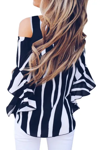 Black Cold Shoulder Vertical Stripes Blouse