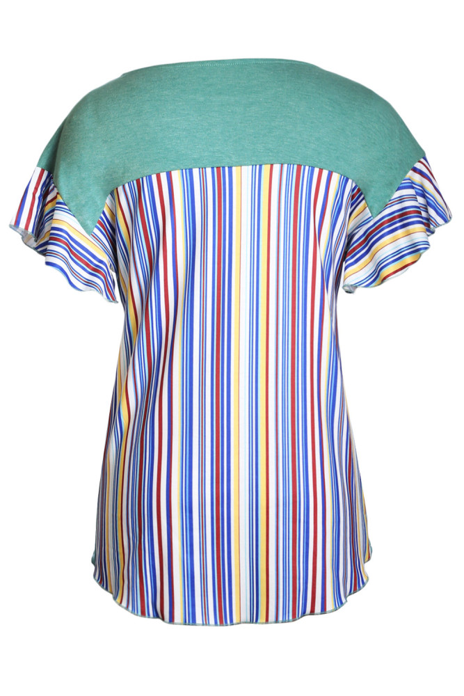 Green Striped Ruffle Sleeve Tie Top